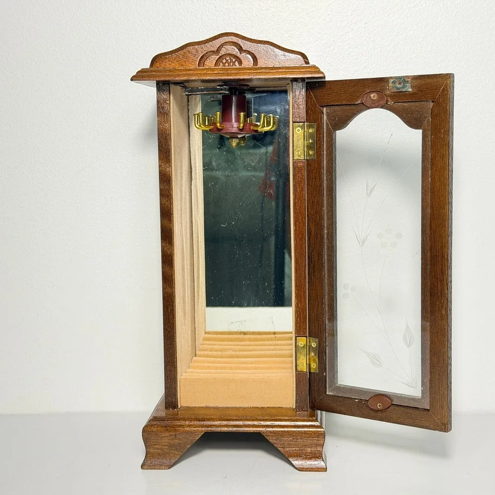 Vintage Wood Jewelry Cabinet Necklace Carousel Etched Glass Mirrored Ring Holder